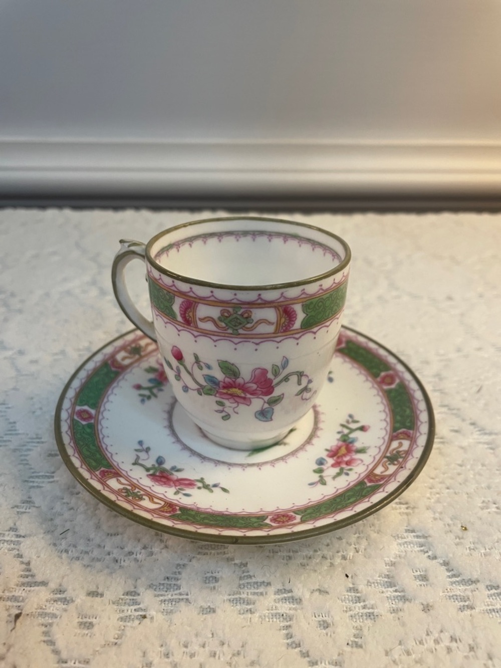 Cup & Saucer in Pink and Green vintage coalport bone china - very antique